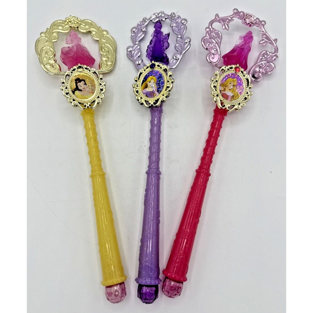 3 Disney Princess Ariel Belle Aurora Pretend Play Costume Scepter Wand 12” Turns